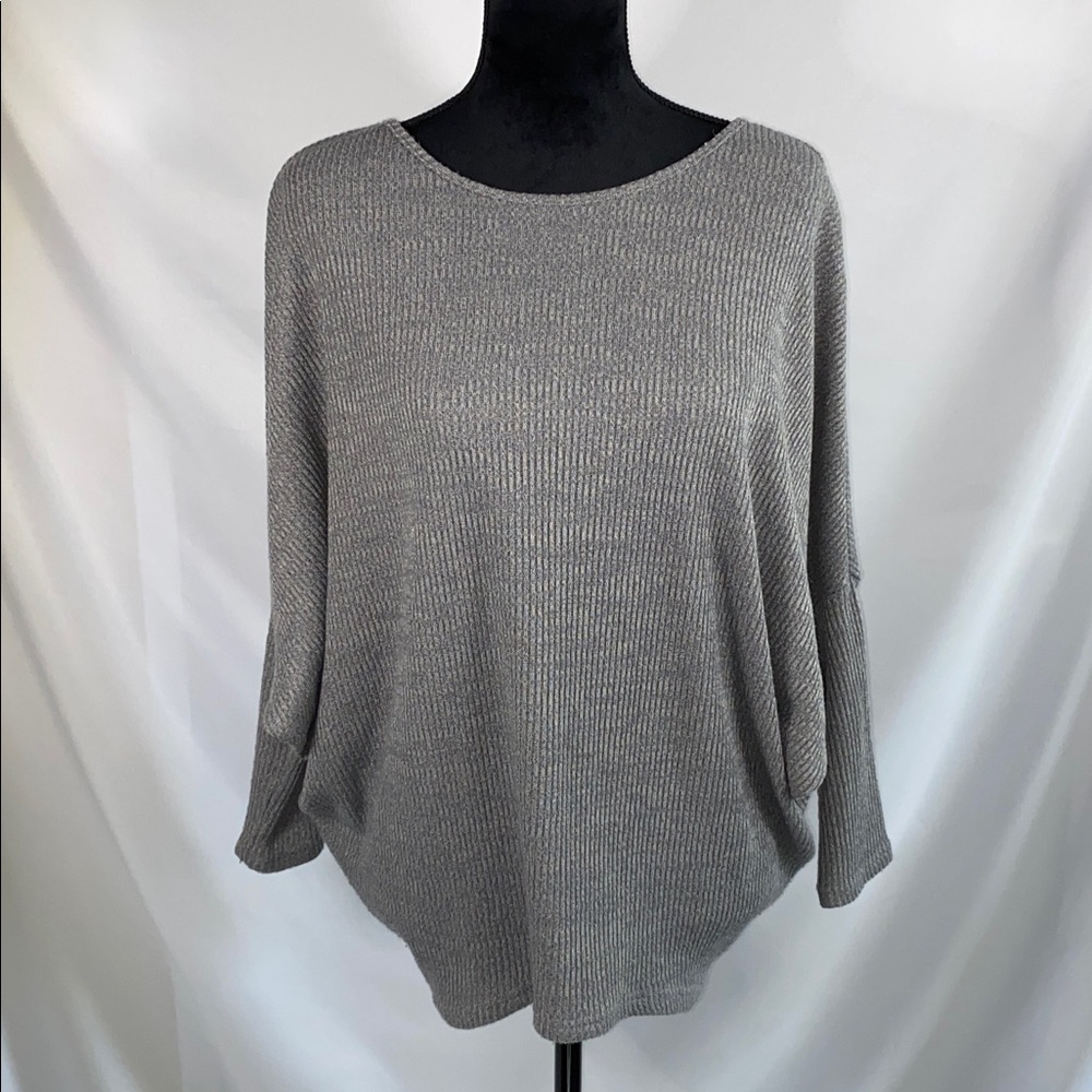 She + Sky Gray Ribbed Knit Slouchy Oversized Dolman Sweater Tunic Small